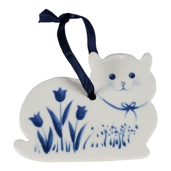 Vintage Russ Berrie Cat Ornament Blue Ceramic Floral Christmas Collectible Gift - Picture 8 of 8